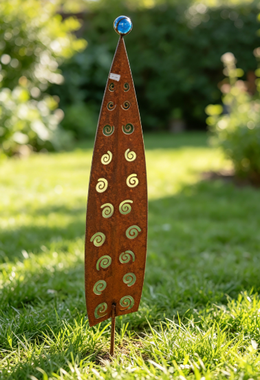 Edelrost Gartenstecker mit Glaskugel, 100 cm hoch