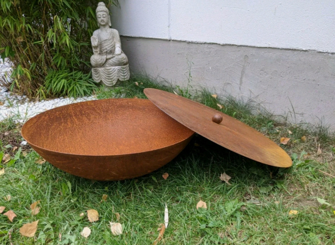 Edelrost Garten Feuerschale mit Topfdeckel – dekorative Rost Gartendeko für den Garten