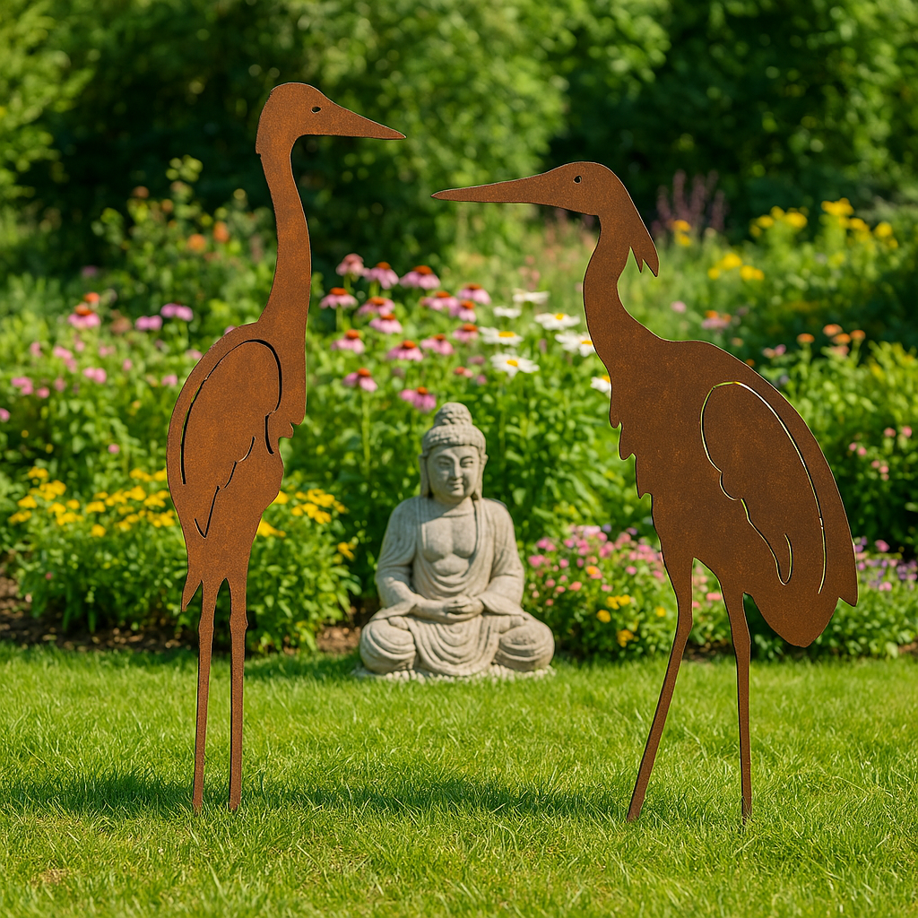 2st. inset Gartenfigure Rost GartenKranich Metall Gartendeko Skulptur 032036,032037