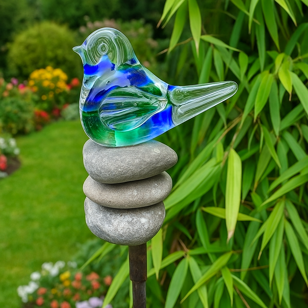 Gartenstecker mit Stein, Glasvogel , rost 120cm 029163
