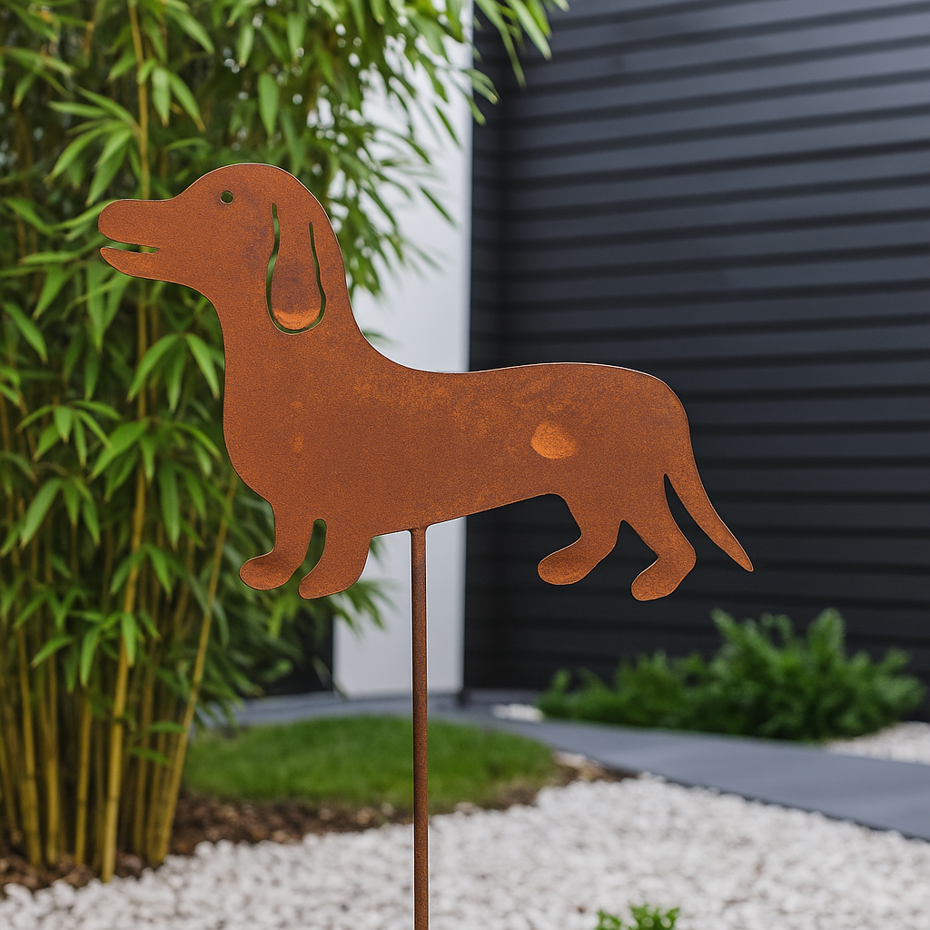 Edelrost Hund Gartendeko Gartenstecker Hund aus Metall 1mm