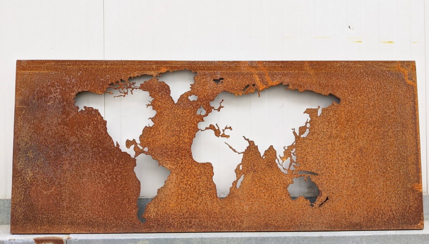 Edelrost Wanddeko aus Cortenstahl ,Metall-Weltkarte für die Wand ,Höhe:50cm, 125 cm lang