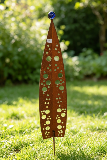 Edelrost Gartenstecker mit Glaskugel, 100 cm hoch