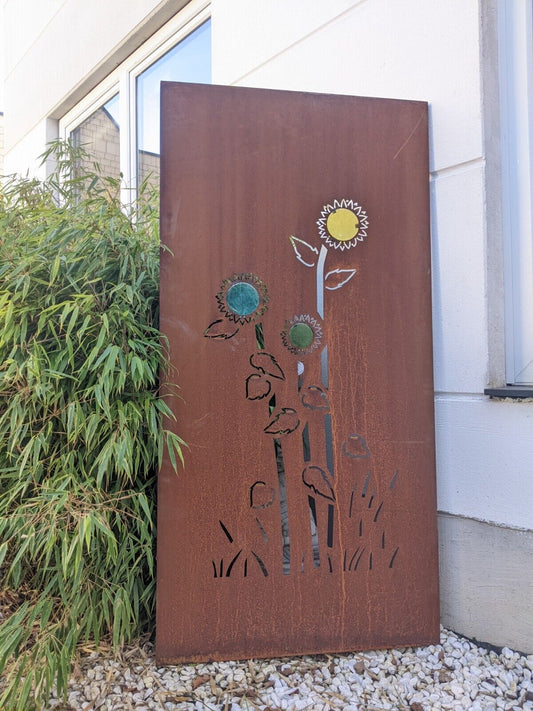 Sonnenblume Edelrost Sichtschutzwand mit Glas-Einsätzen