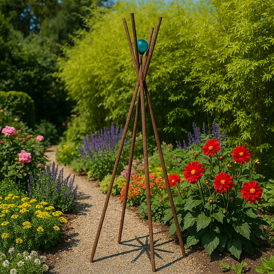 Garten rost Gartenstecker mit bluen Glaskugel