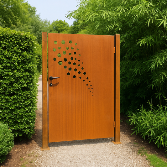 Rusted garden gate including posts metal 1.2mm handmade including door lock DIN:Right 032105