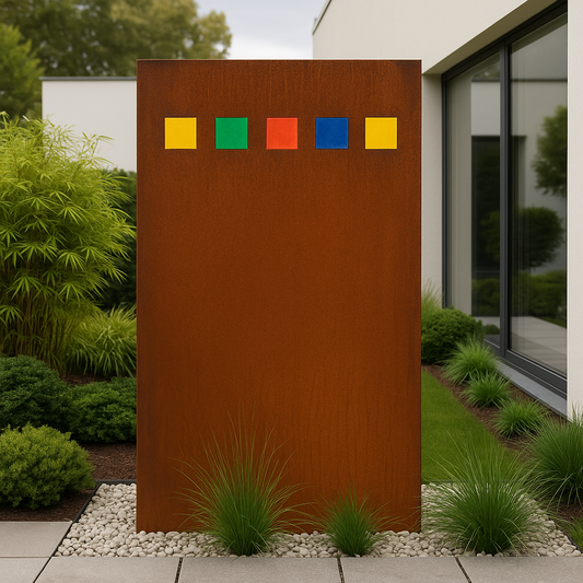 Edelrost Garten Sichtschutz mit Farbige Kunststoffplatte （horizontal）