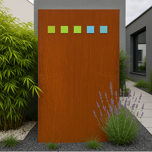 Garten Sichtschutz aus Metall 1mm Rost  mit Farbige Glas