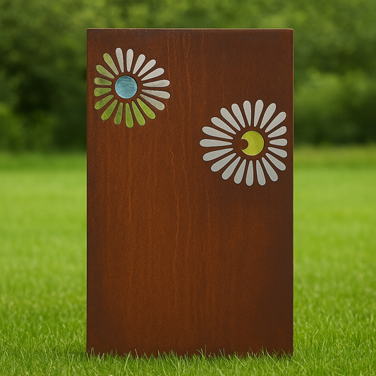 Blumen Edelrost Sichtschutzwand mit stilvollem Glas-Design