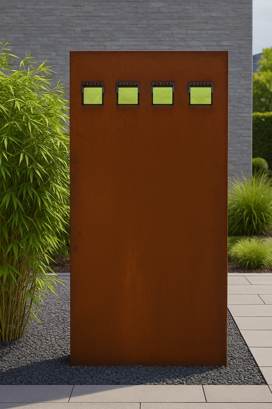 Edelrost Garten Sichtschutz mit Glas， aus Metall