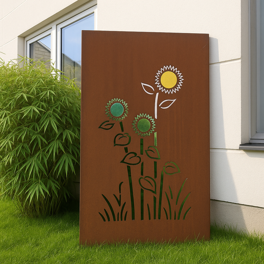 Sonnenblume Edelrost Sichtschutzwand mit Glas-Einsätzen