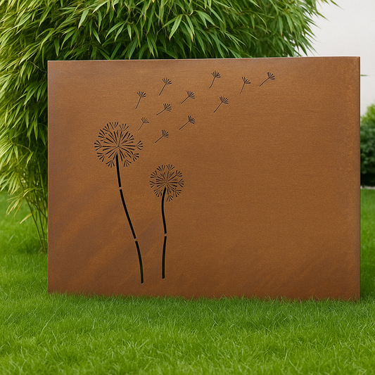 Edelrost Sichtschutzwand aus Metall , Löwenzahn , Pusterblume