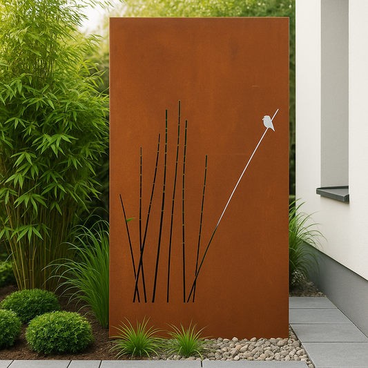 Edelrost Garten Sichtschutzwand Vogel Gras