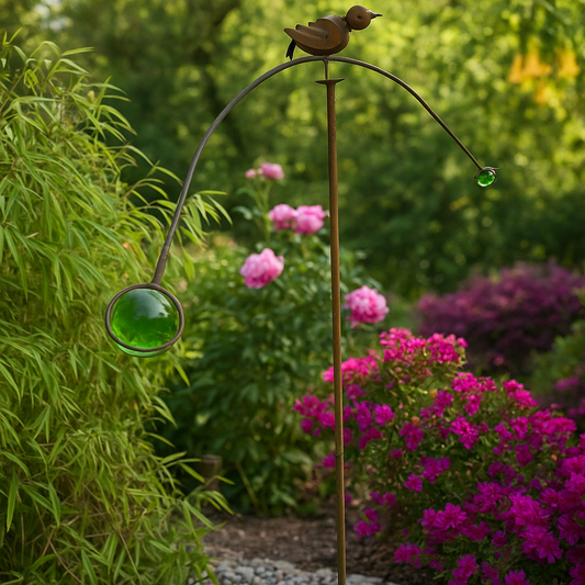 Gartenstecker aus Metall , Rost , mit Glaskugel Grün , Höhe: 150 cm