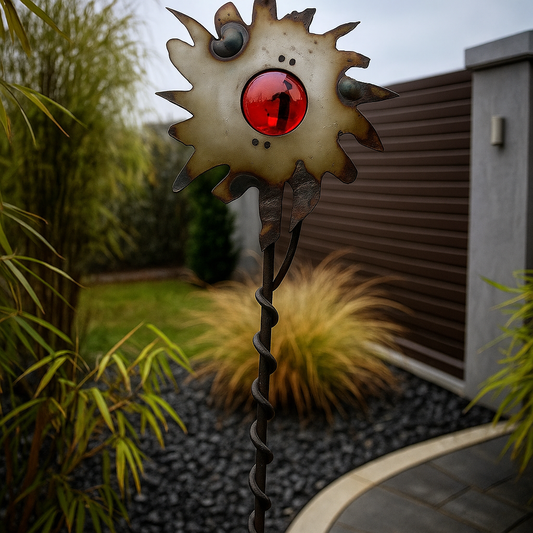 Gartenstecker mit Glaskugel ,Sonne ,  Höhe: 180 cm , Rot