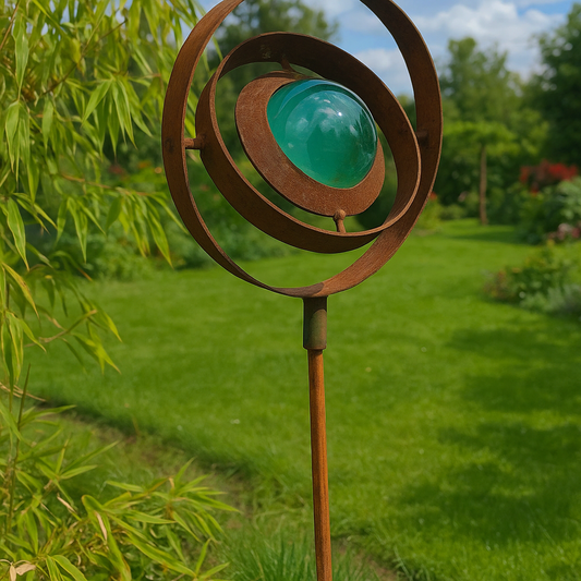 Gartenstecker Rost mit Glaskugel  Höhe: 115 cm