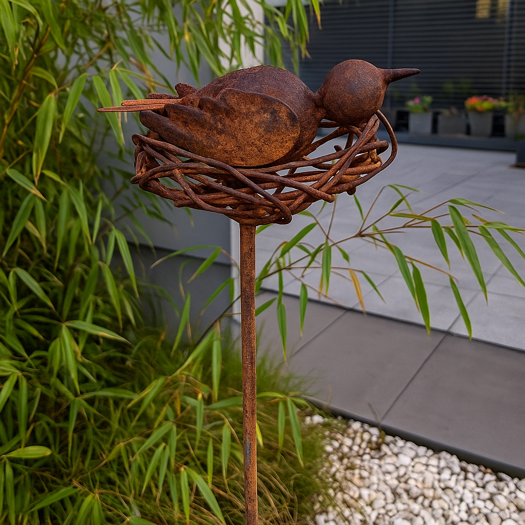 Edelrost Gartenstecker Vogelnest , Höhe: 110 cm ， 030176