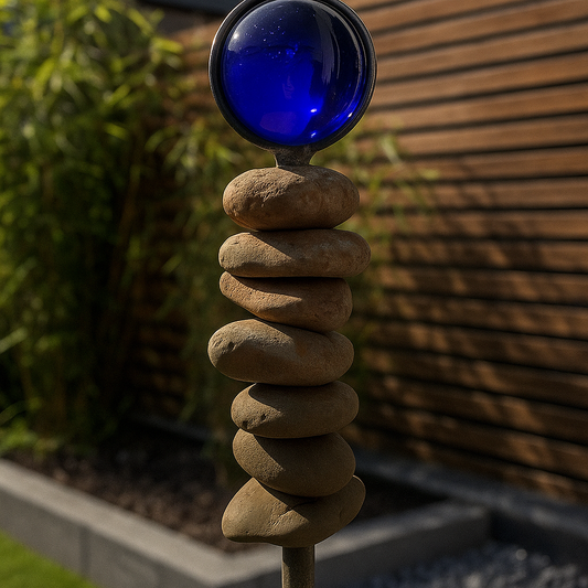 Edelrost Gartenstecker mit  Glaskugel , Naturschein ,Glasdeko, Höhe: 115 cm， Dunkelblau