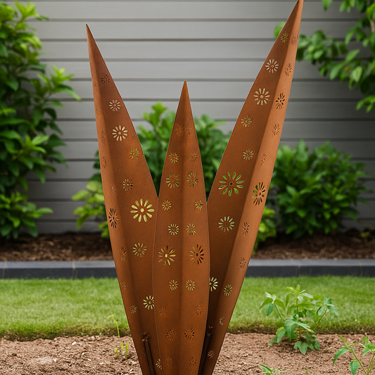 Handgefertigte Edelrost Gartenstecker - Blumen Trio ，032227