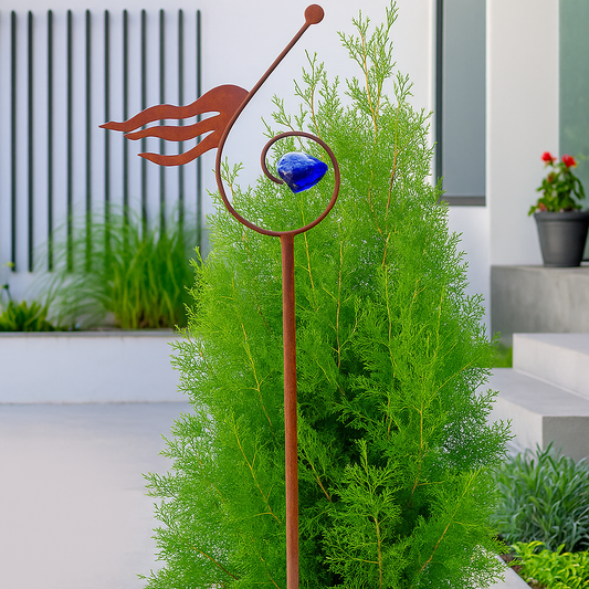 Edelrost Gartenstecker aus Glas und Eisen 032238，Dunkelblau ,Höhe: 149 cm