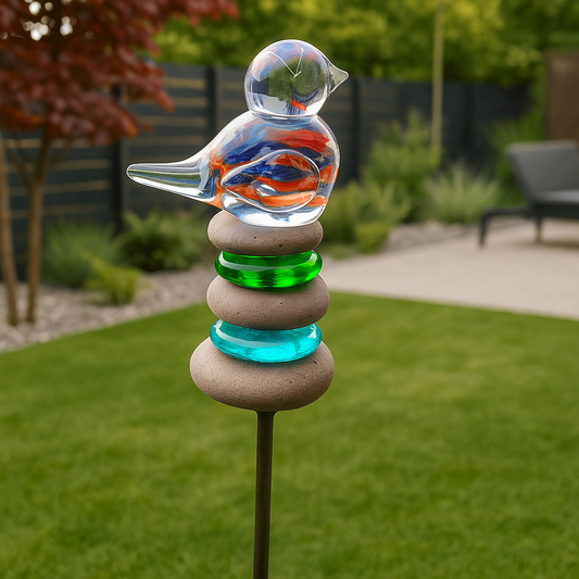 Gartenstecker mit Glas ,Naturstein ,Glasvogel ,Höhe 115cm, 029384