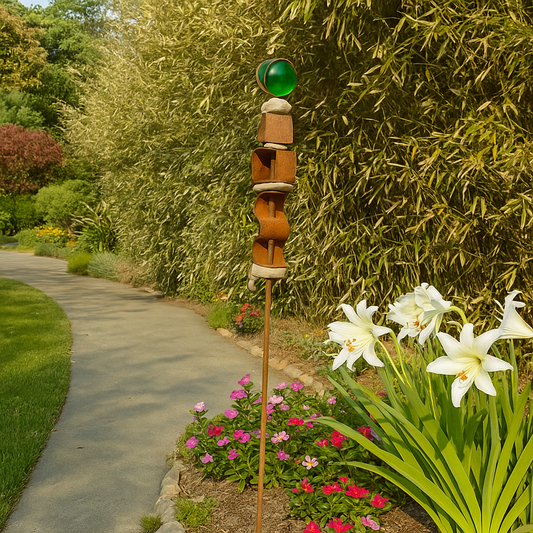 Edelrost Gartenstecker H106cm mit Glaskugel 6cm für Garten und Terrasse