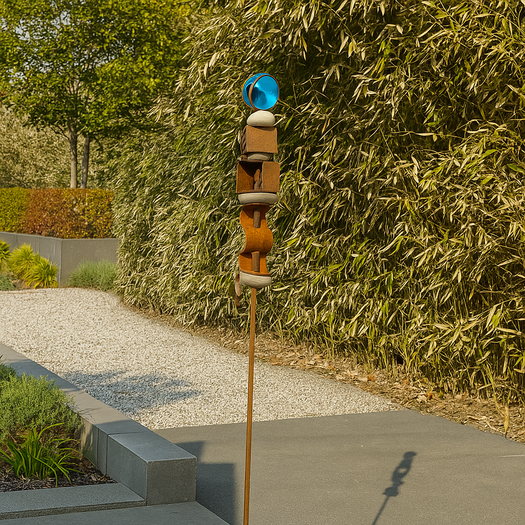 Edelrost Gartenstecker H106cm mit Glaskugel 6cm für Garten und Terrasse