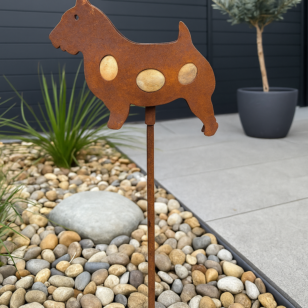 Rost Gartenstecker, Gartenhund aus  Metall , Stein , Höhe: 115 cm