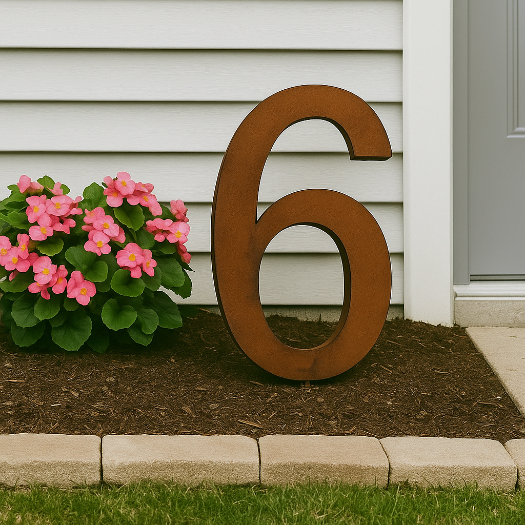 Rusty metal house number rust garden stake H40cm, 032062