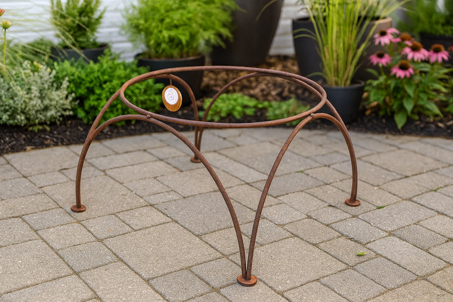 Zen Man rust garden stand for fire bowl plant bowl