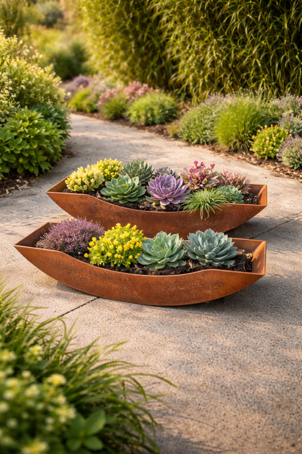 2St. in Set Edelrost Garten Blumentopf aus Metall 032286 ，klein ，52 cm lang，7 cm hoch