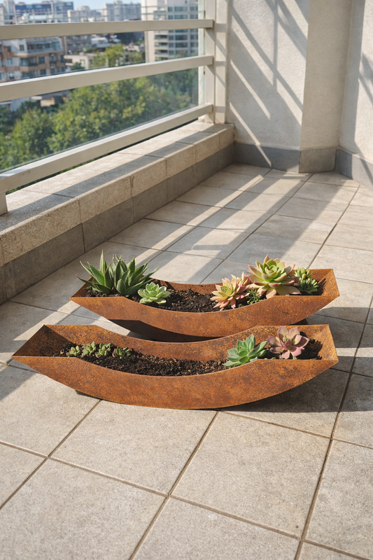 2St. in Set Edelrost Garten Blumentopf aus Metall 032286 ，klein ，52 cm lang，7 cm hoch