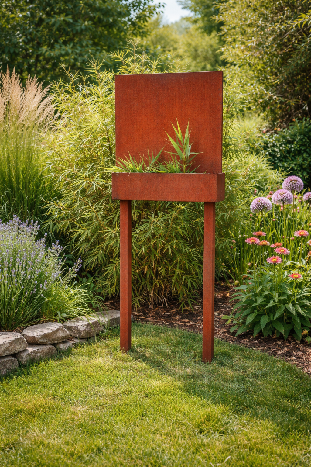 Edelrost Gartendeko,  Sichtschutzwand mit  Pflanzenschale ,Höhe 120 cm ，031675