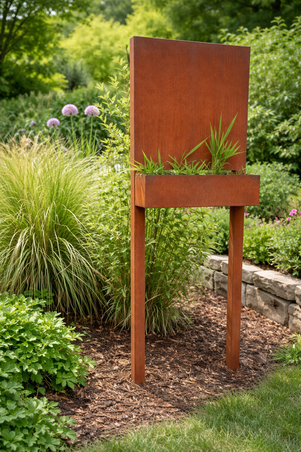 Edelrost Gartendeko,  Sichtschutzwand mit  Pflanzenschale ,Höhe 120 cm ，031675