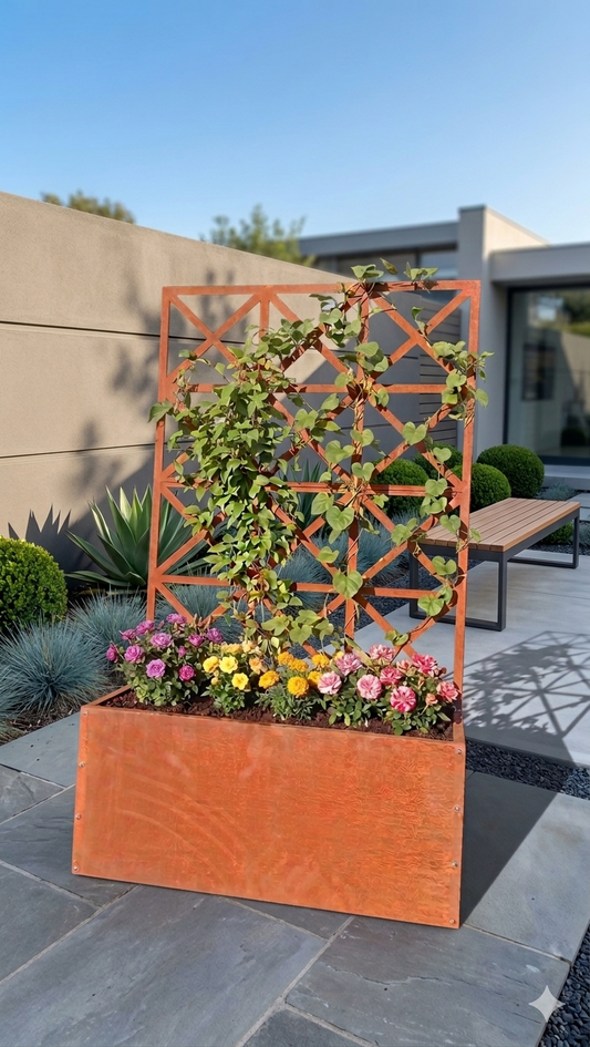 Edelrost klimplantenbakken met metalen klimrooster 032025, hoogte 141 cm, lengte 80 cm