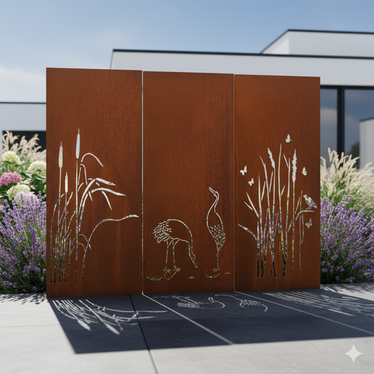 3 piezas en el set de pared de protección visual para jardín de metal oxidado L450cmH75cm, 032229