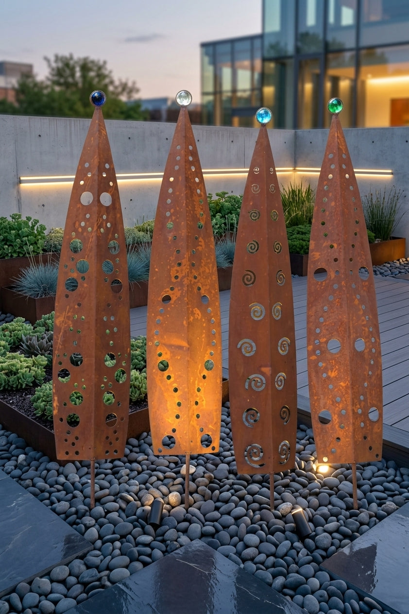 Edelrost Gartenstecker mit Glaskugel, 100 cm hoch