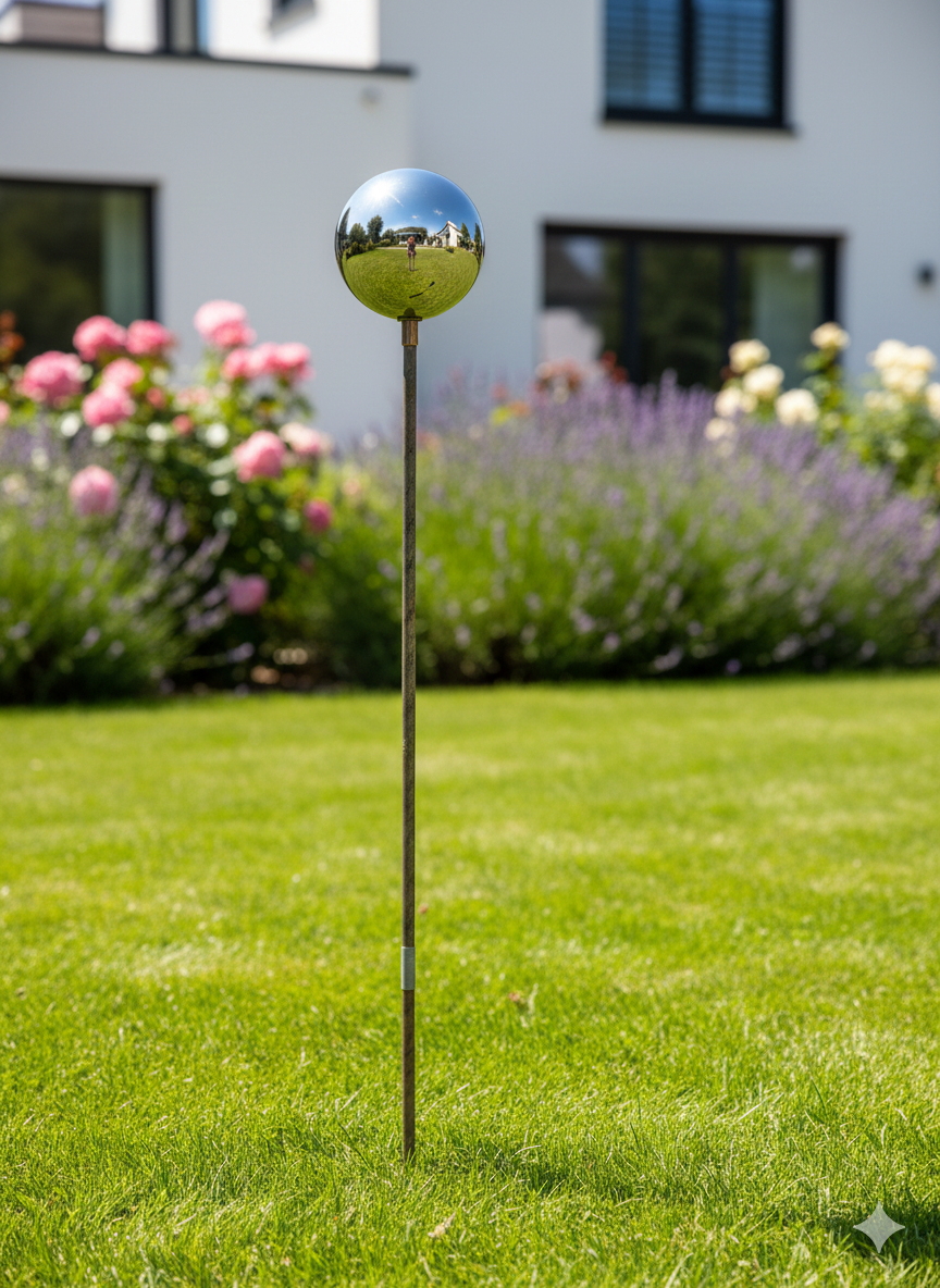 Gartenstecker mit Hohlkugel aus Edelstahl ，Zweitklassige Ware.