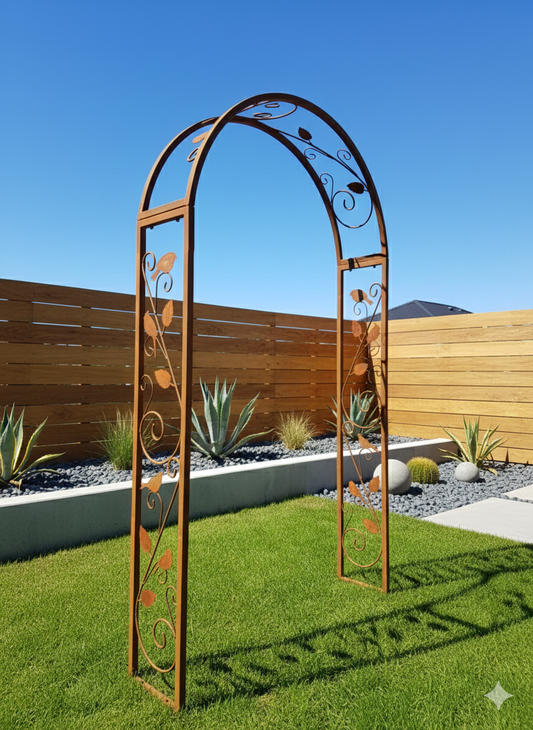 Rose arch made of rust with bird motif 031473-1