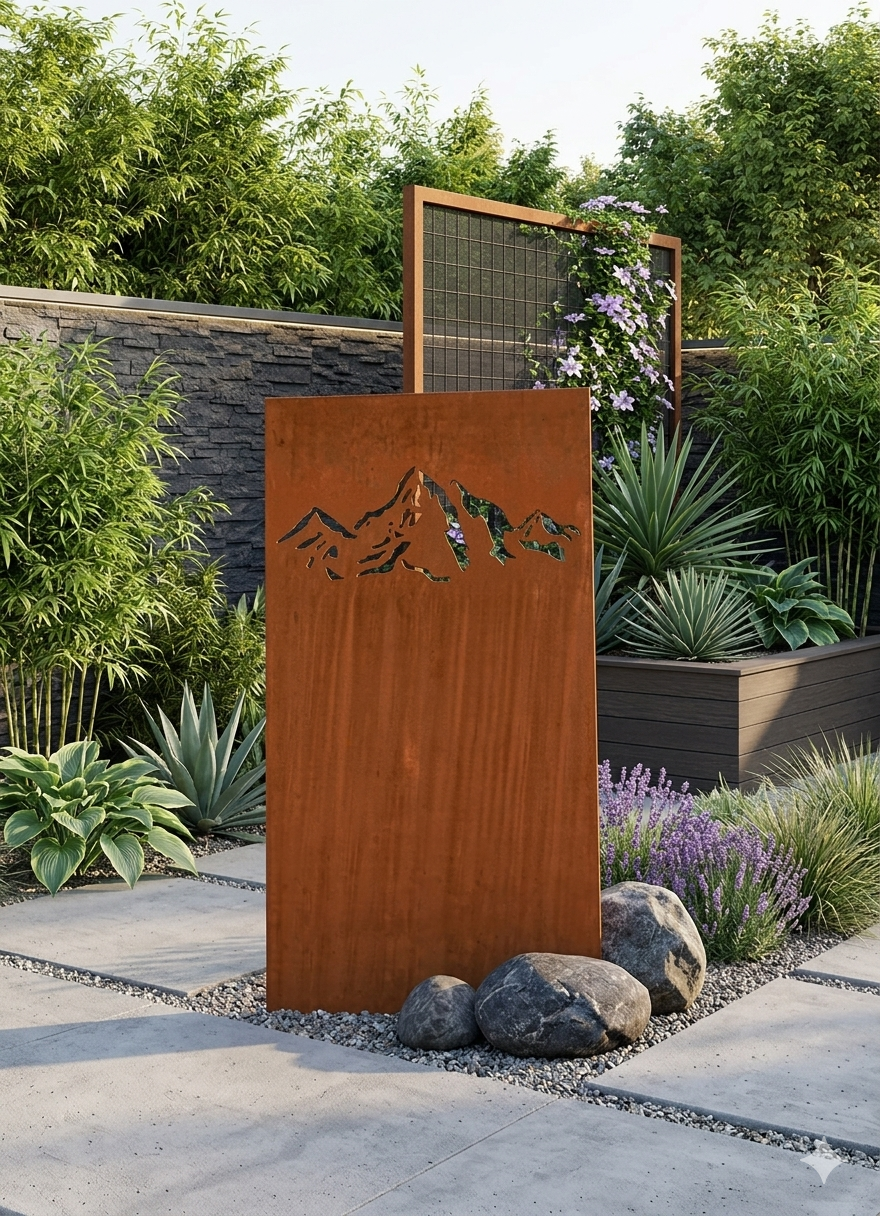 Edelrost Sichtschutz Gebirge aus Metall für den Garten