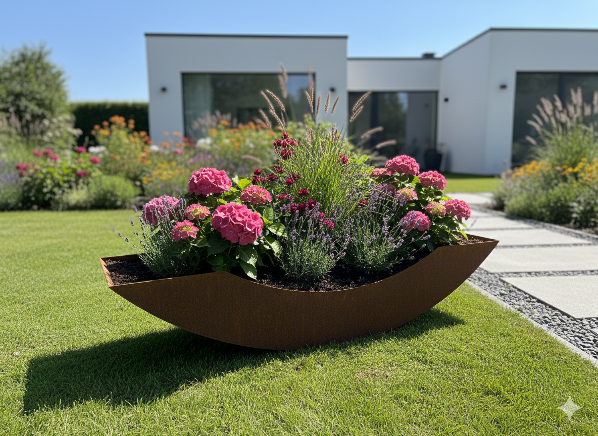 2St. in Set Edelrost Garten Blumentopf aus Metall 032286 ，klein ，52 cm lang，7 cm hoch