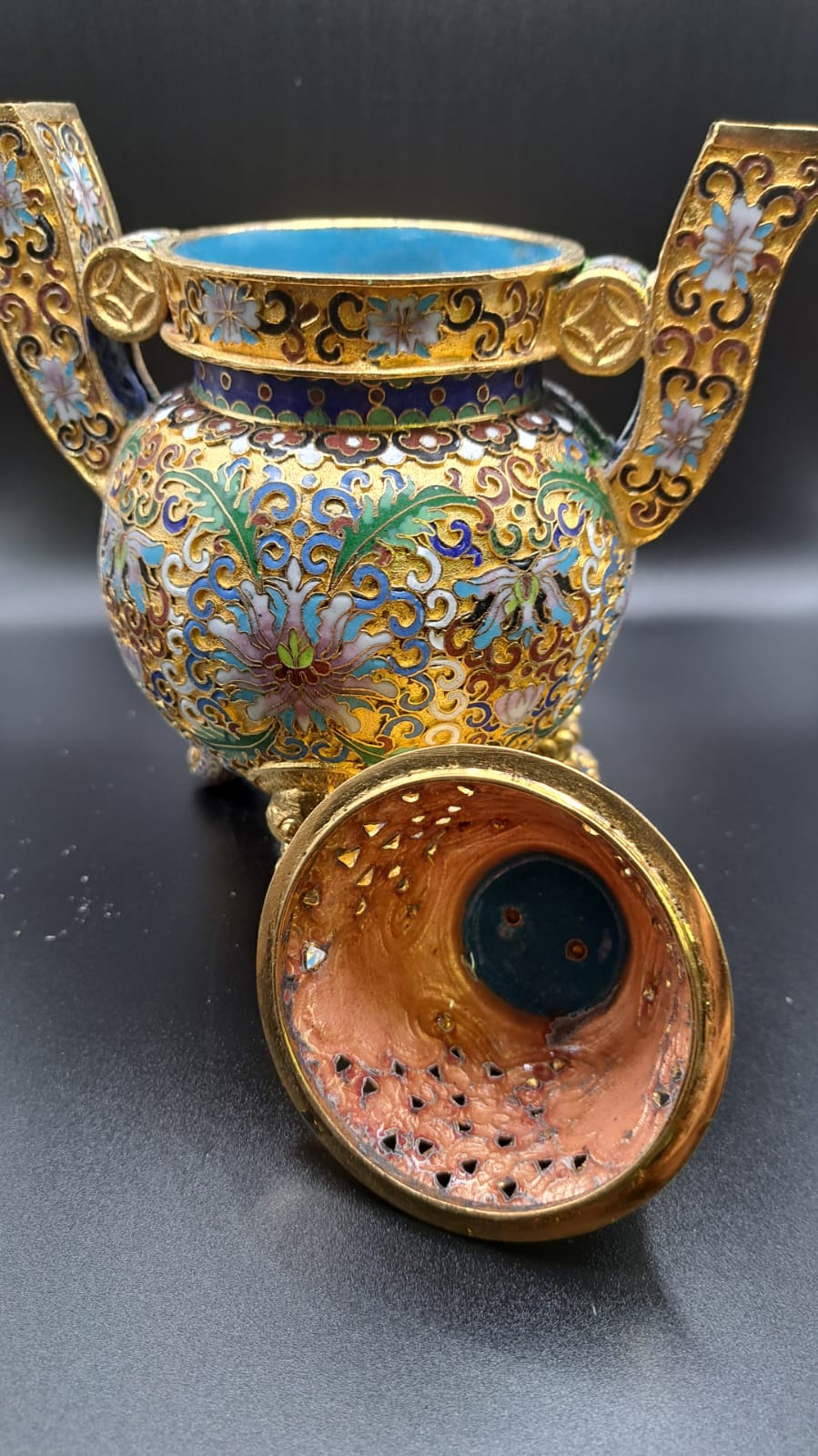 Vergoldet China, Cloisonne, sehr schöne vase, Blumen 20x16x11cm A2-4