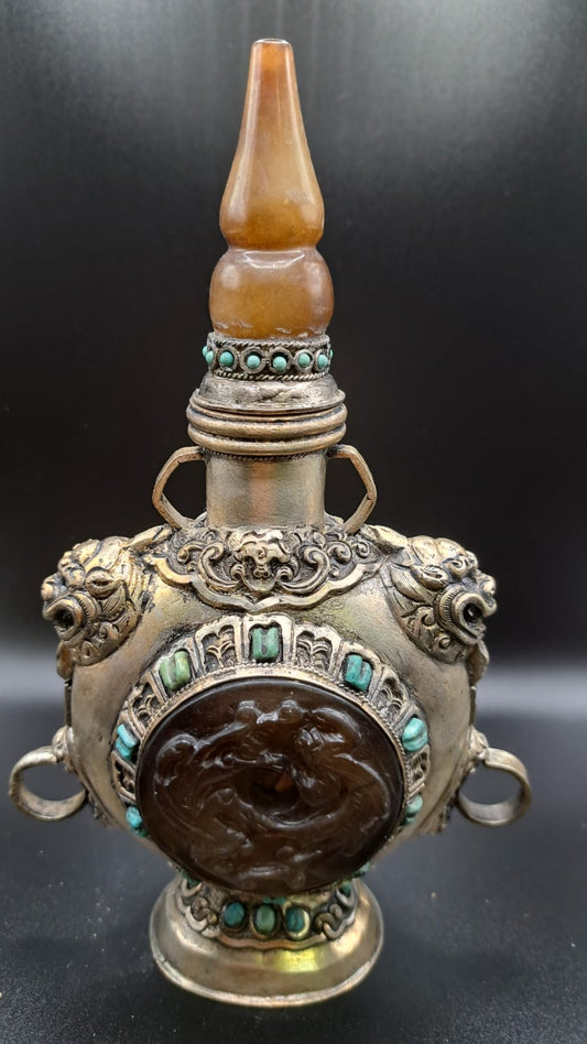 Silver plated from old jade China, Cloisonne, beautiful vase, decorative bottle 21x14x6cm A2-4