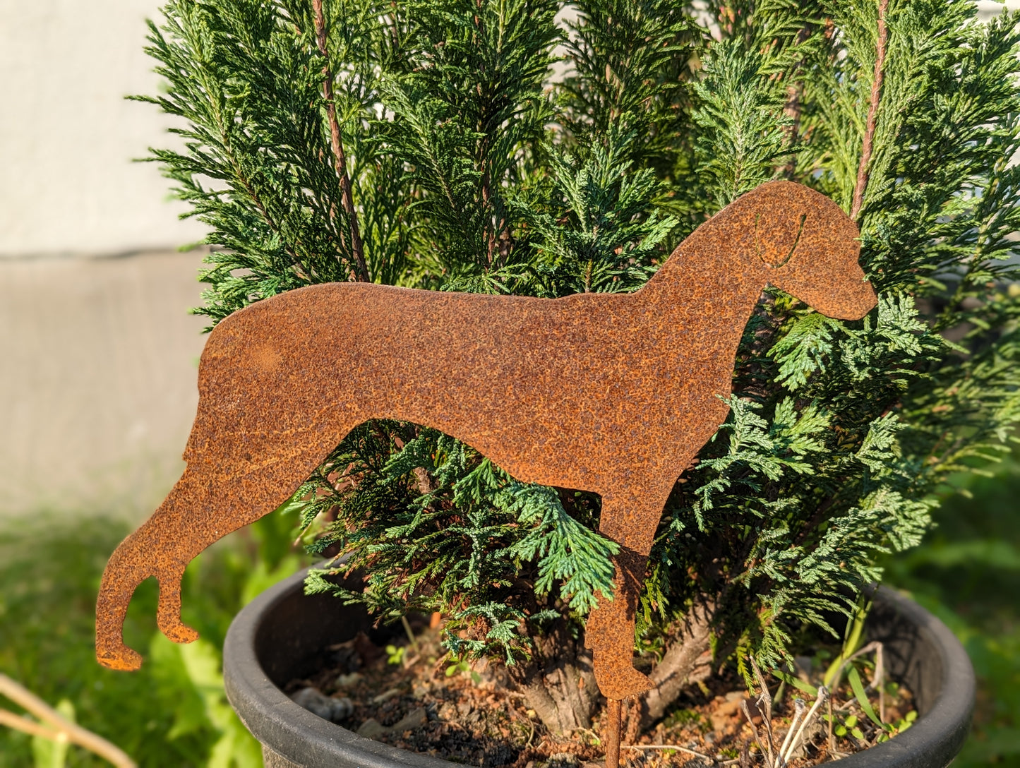 Noble rust garden dog, garden stake dog, rust, garden figures, garden decoration