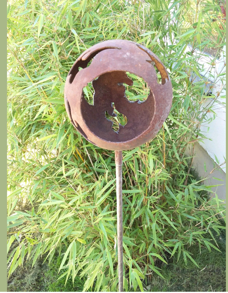 Garden stake garden ball rust candle holder garden decoration metal handmade