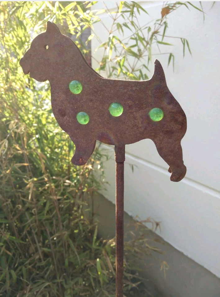 Garden decoration, rust garden stake, patina, garden dog glass ball rust metal H120cm