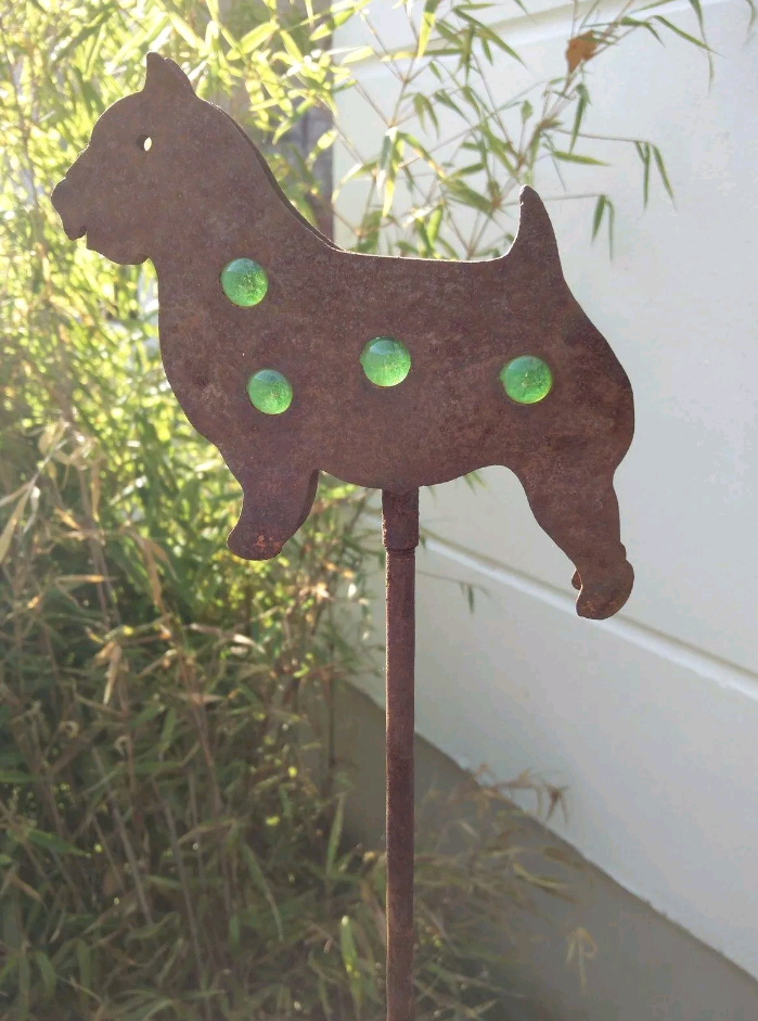 Garden decoration, rust garden stake, patina, garden dog glass ball rust metal H120cm