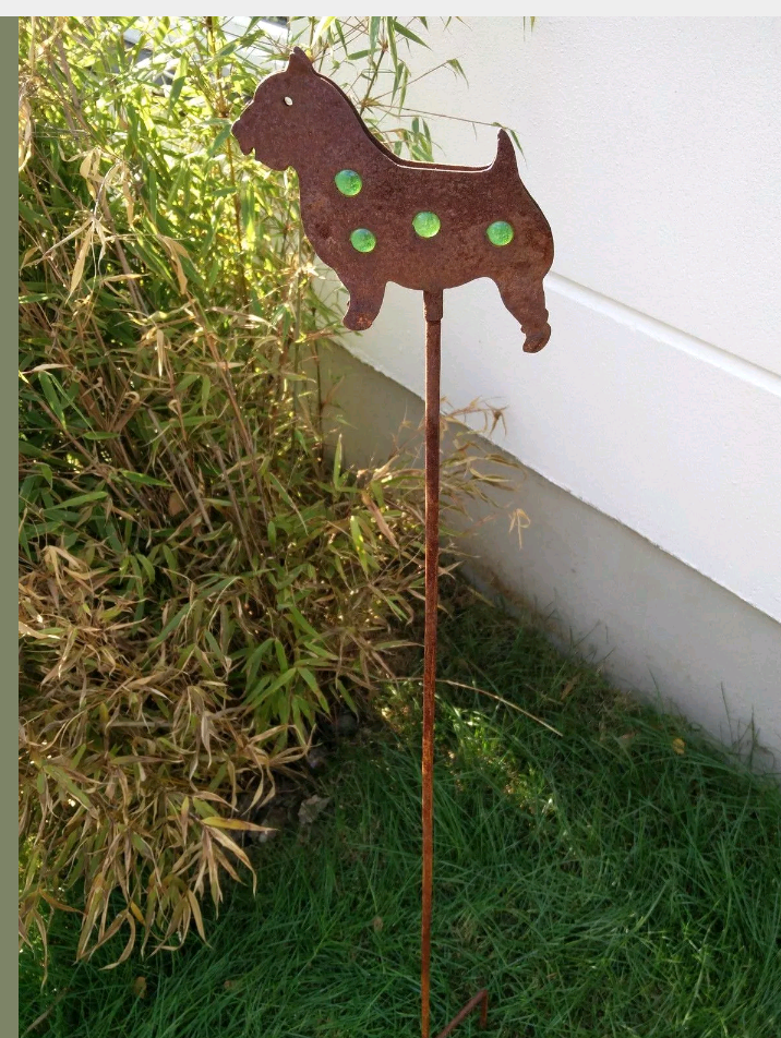 Garden decoration, rust garden stake, patina, garden dog glass ball rust metal H120cm