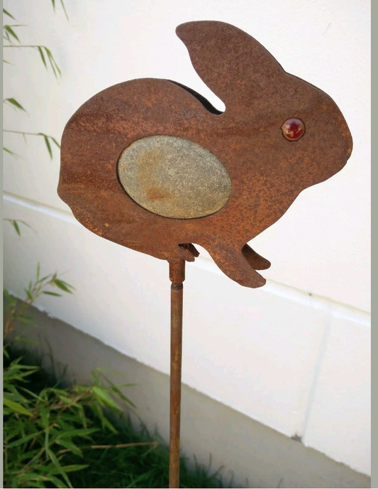 Garden decoration, rust garden stake, patina, rabbit, stone, rust metal H110cm