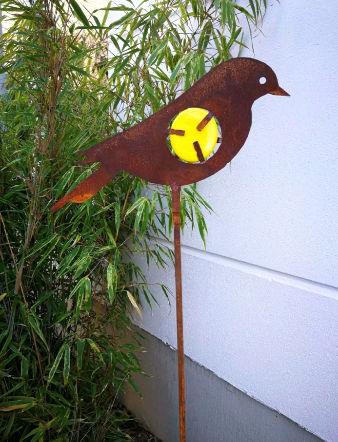 Zen Man Edelrost Gartenstecker 'Vogel' – Handgefertigte Gartendeko Aus Rost & Glas, 15x115 Cm